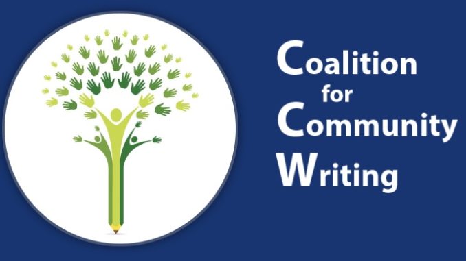 Logo for the Coalition for Community Writing featuring a stylized green tree with leaves shaped like hands and a trunk formed from a pencil, beside the organization’s name on a blue background.