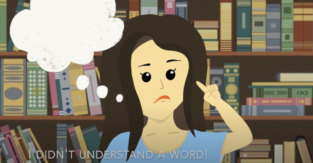 A cartoon student hesitantly holding up a hand with a thought bubble over their head with text that reads "I didn't understand a word!"