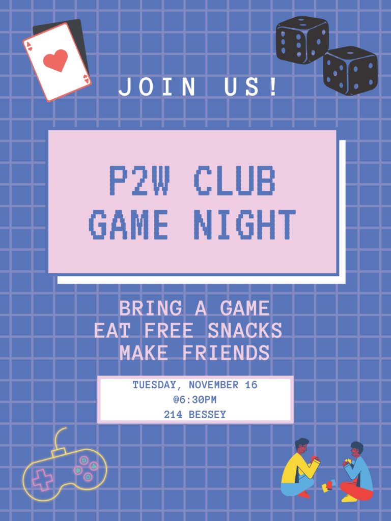 Blue poster with game icons around the edges and information about the P2W Game Night