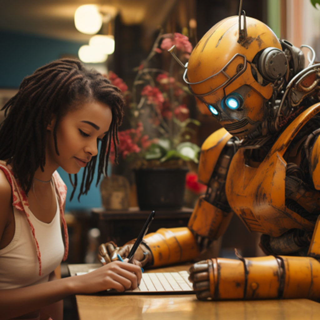 Close-up illustration of a student writing while sitting at a table across from a yellow humanoid robot.