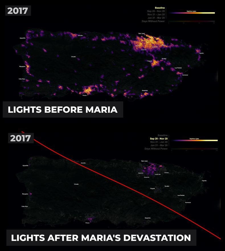 the before and after images from a satellite after Hurricane Maria hit 